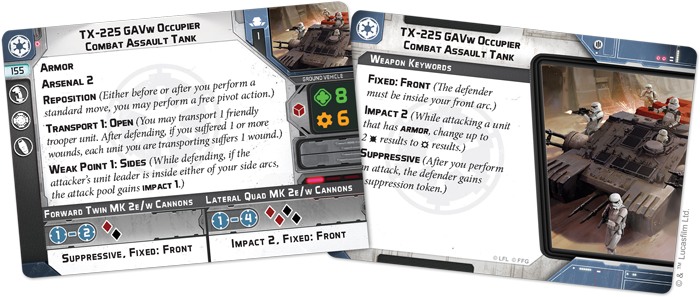 Zwei Karten aus der TX-225 GAVw Besatzer Kampfangriffspanzer Einheiten-Erweiterung für Star Wars™: Legion